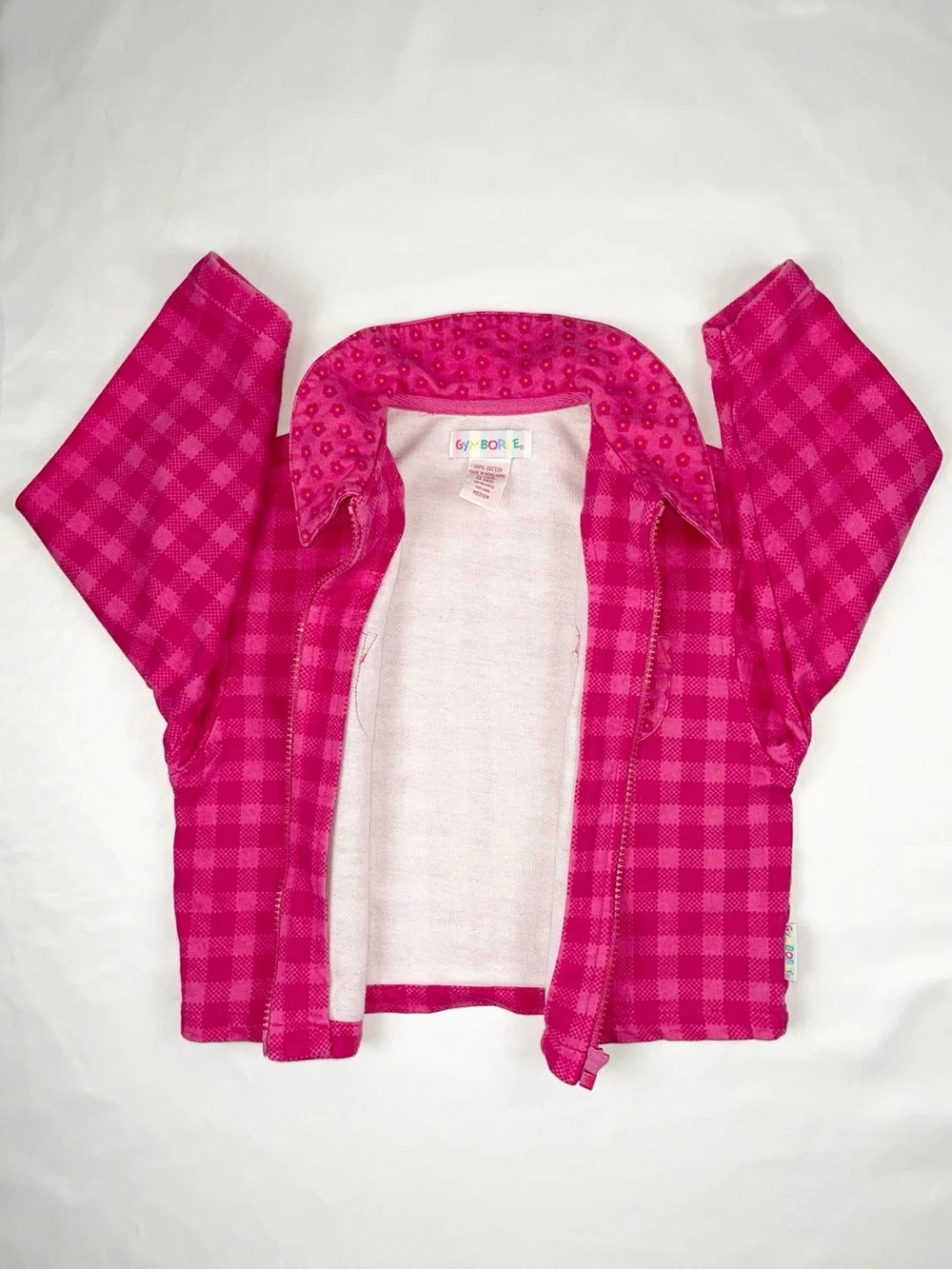 Gymboree (MED) 1990s Pink Plaid Gingham Zip-Up Rainbow Tag Vintage Jacket